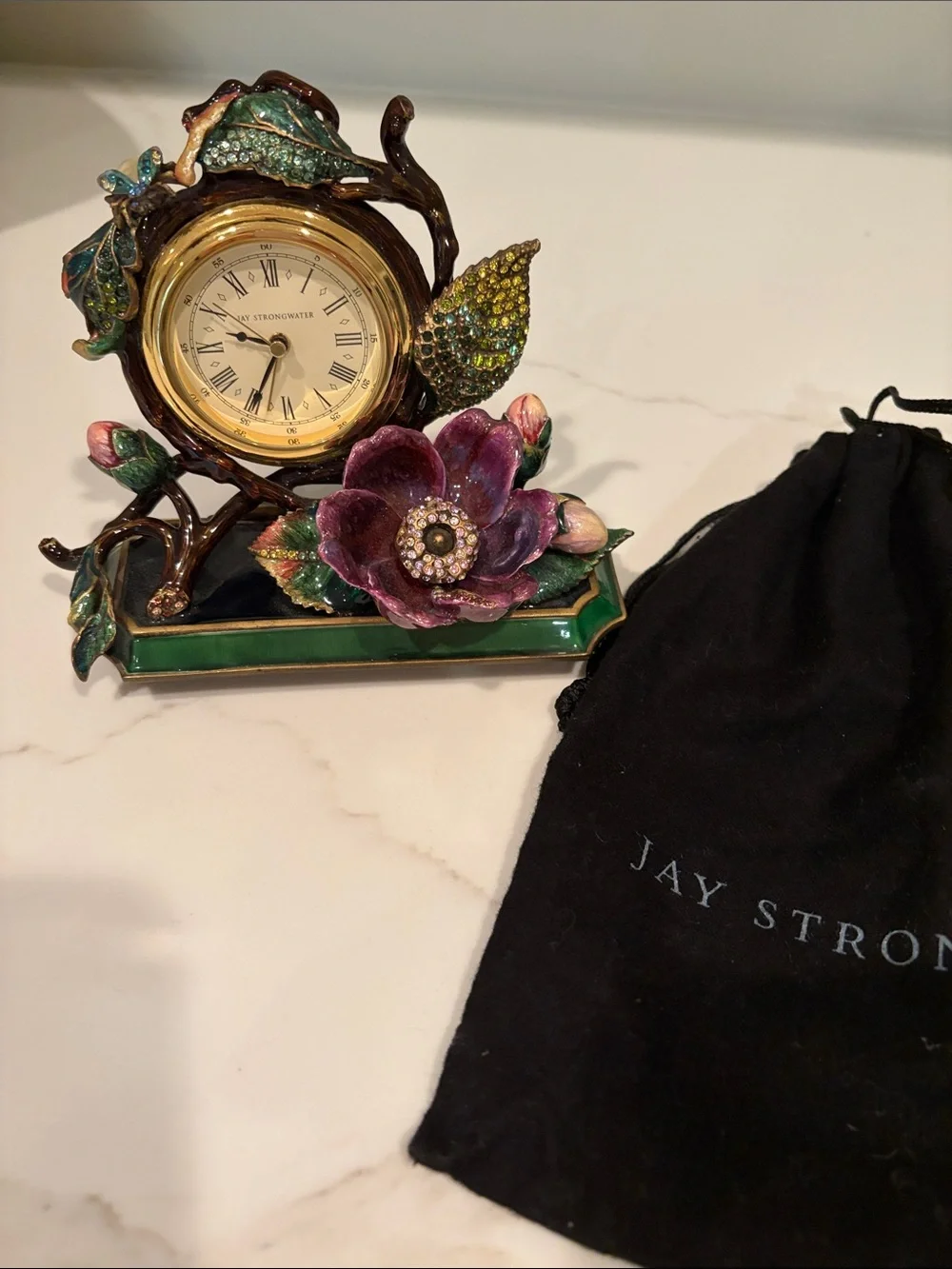 Jay Strongwater Purple Floral Mantel Clock with Gold Face and Green Accents